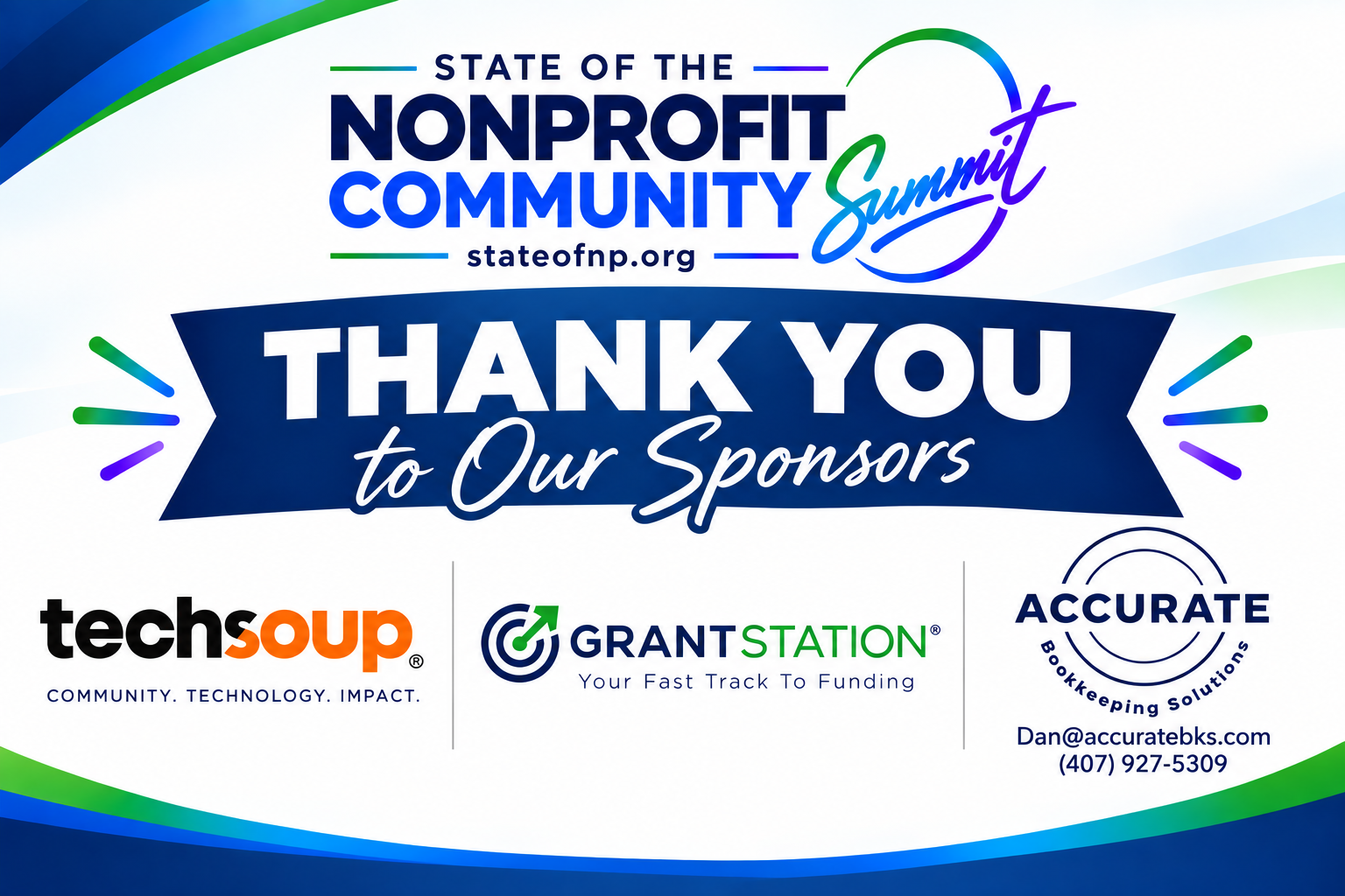Thank You to Our Sponsors — TechSoup, GrantStation, and Accurate Bookkeeping Solutions